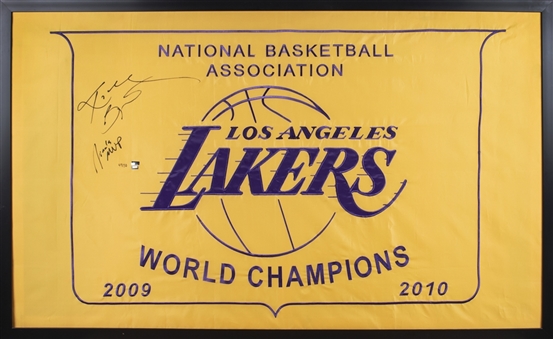 2009-10 Kobe Bryant Signed Los Angeles Lakers Championship Banner With "Finals MVP" Inscription 36x59 Framed Display (#49/50) - 13.5" Signature! (Panini)